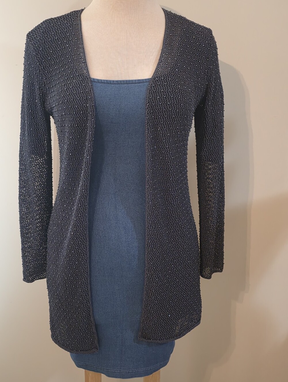 Navy Open-Front Lightweight Knit Cardigan - Shimmer Beading (Size M/L)
